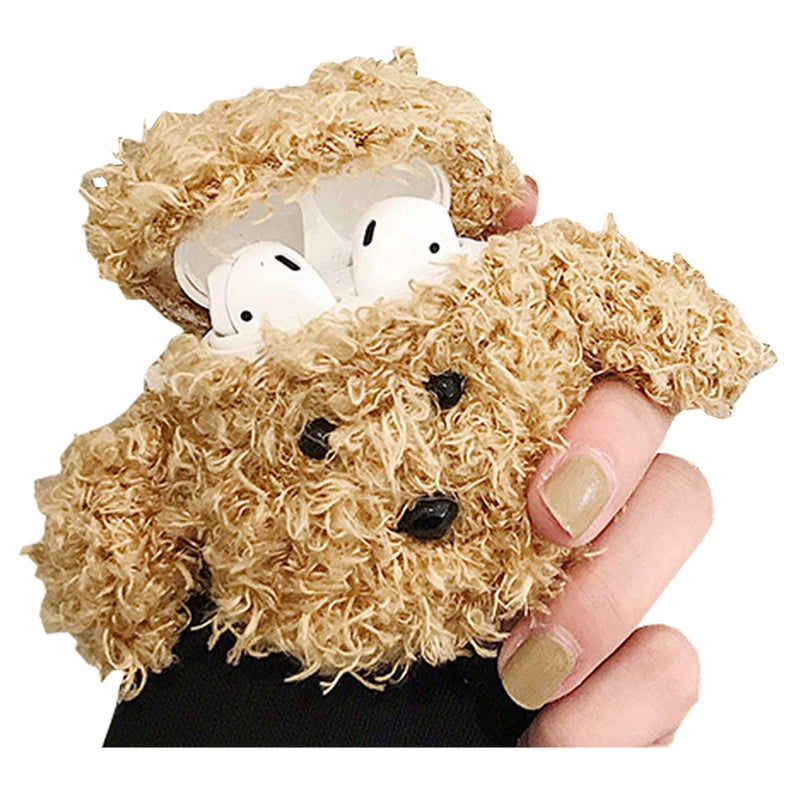 SGVAHY Furry Case for AirPods 1&2 Funny Cute 3D Cartoon Plush Design Teddy Khaki Soft Warm Fluffy Cover with Keychain Kawaii Anti-Fall Protective Case Women Girls - Image 1